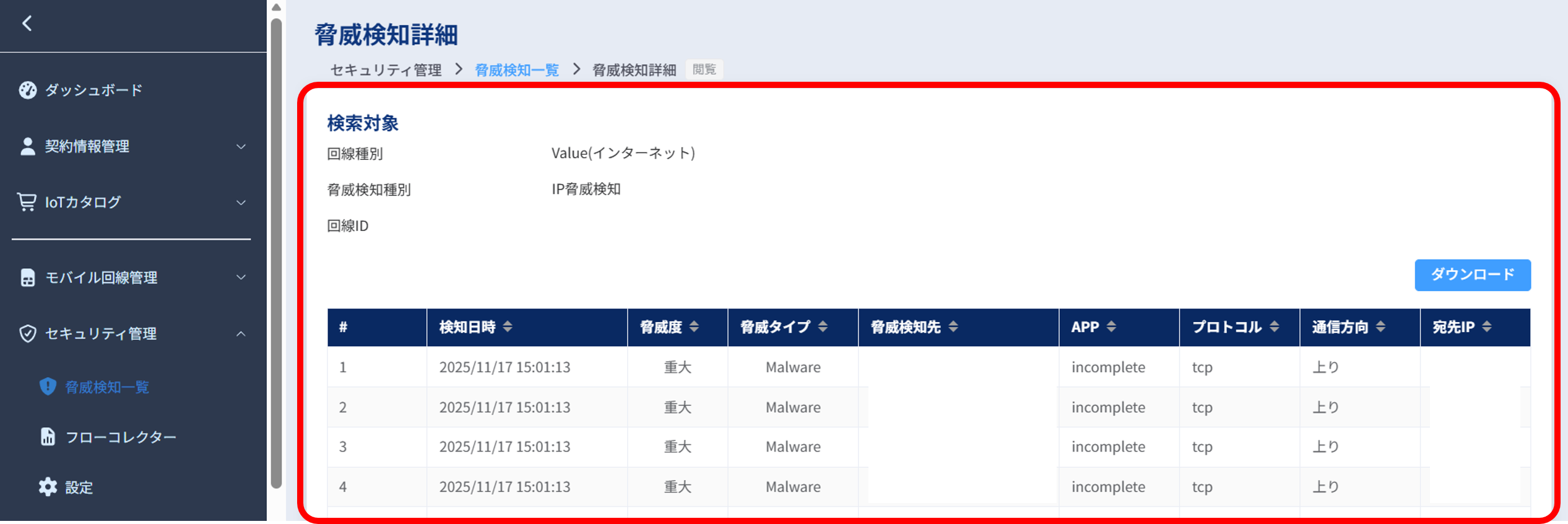 脅威検知詳細画面