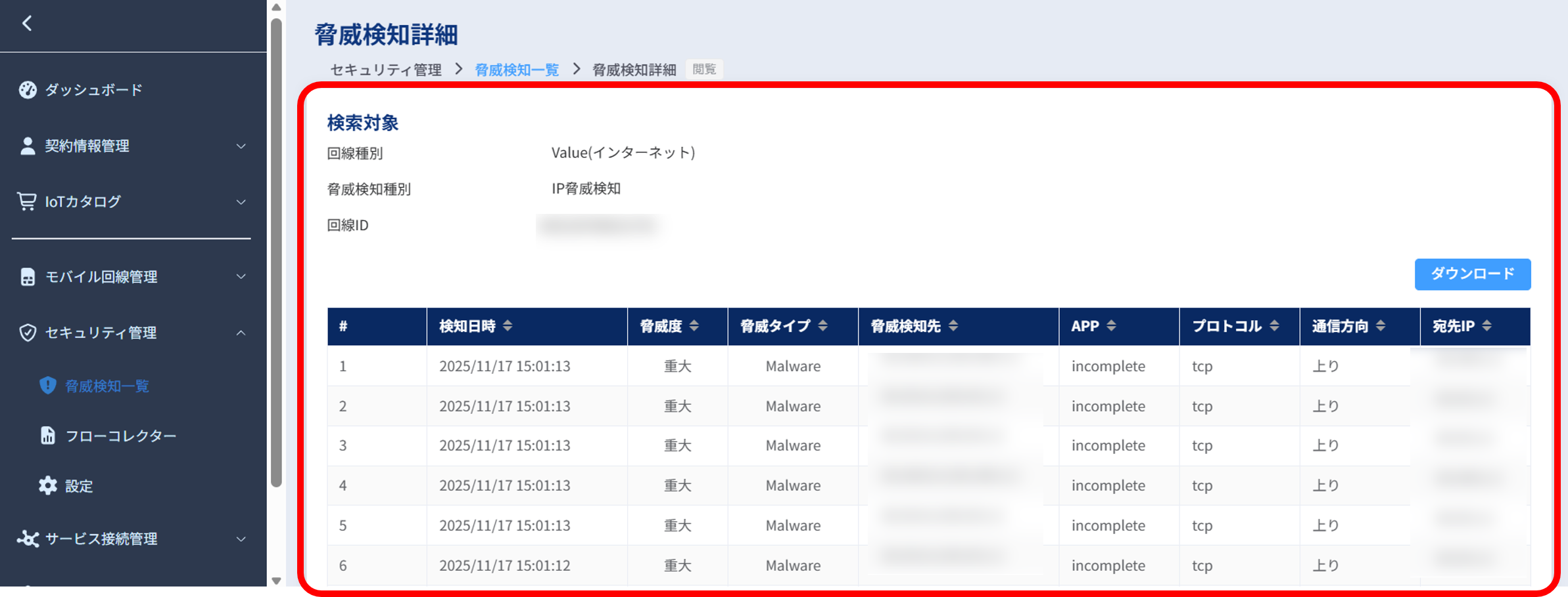 脅威検知詳細画面